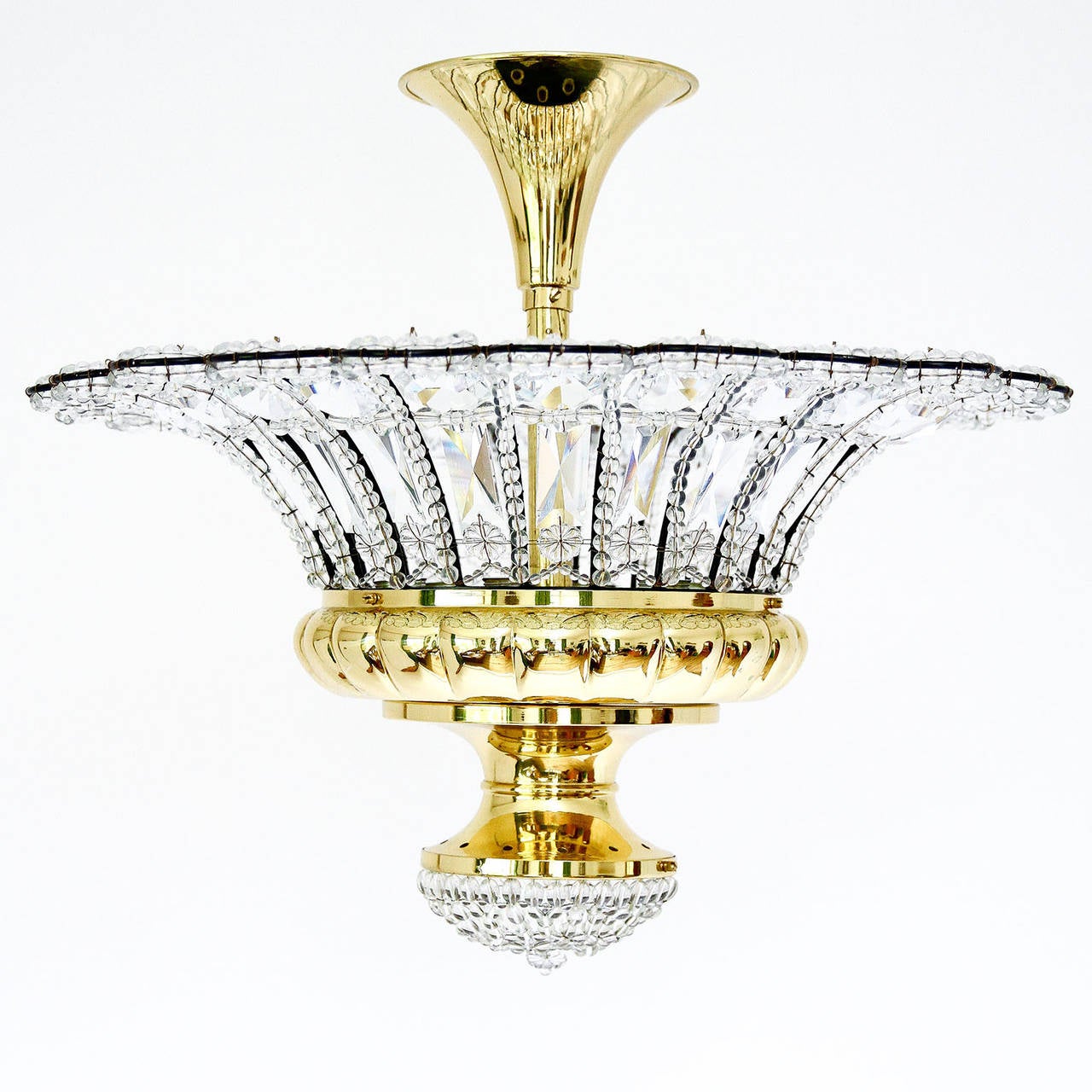 Mid-Century Modern Large Italian Flush Mount Light, Brass and Crystal Glass 