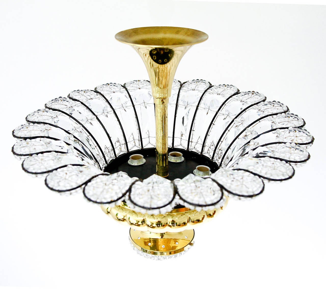 Lacquered Large Italian Flush Mount Light, Brass and Crystal Glass 