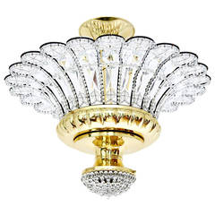Large Italian Flush Mount Light, Brass and Crystal Glass 2