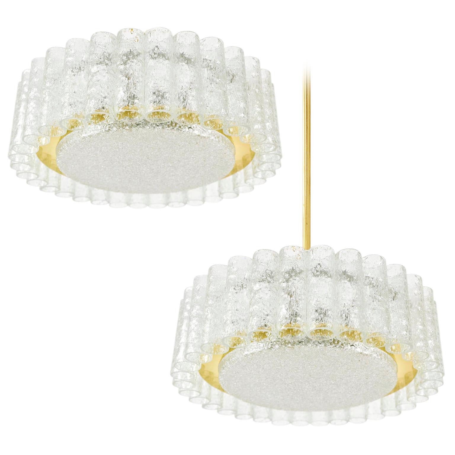Pair of Ice Glass Flush Mounts or Chandeliers by Doria, 1960s
