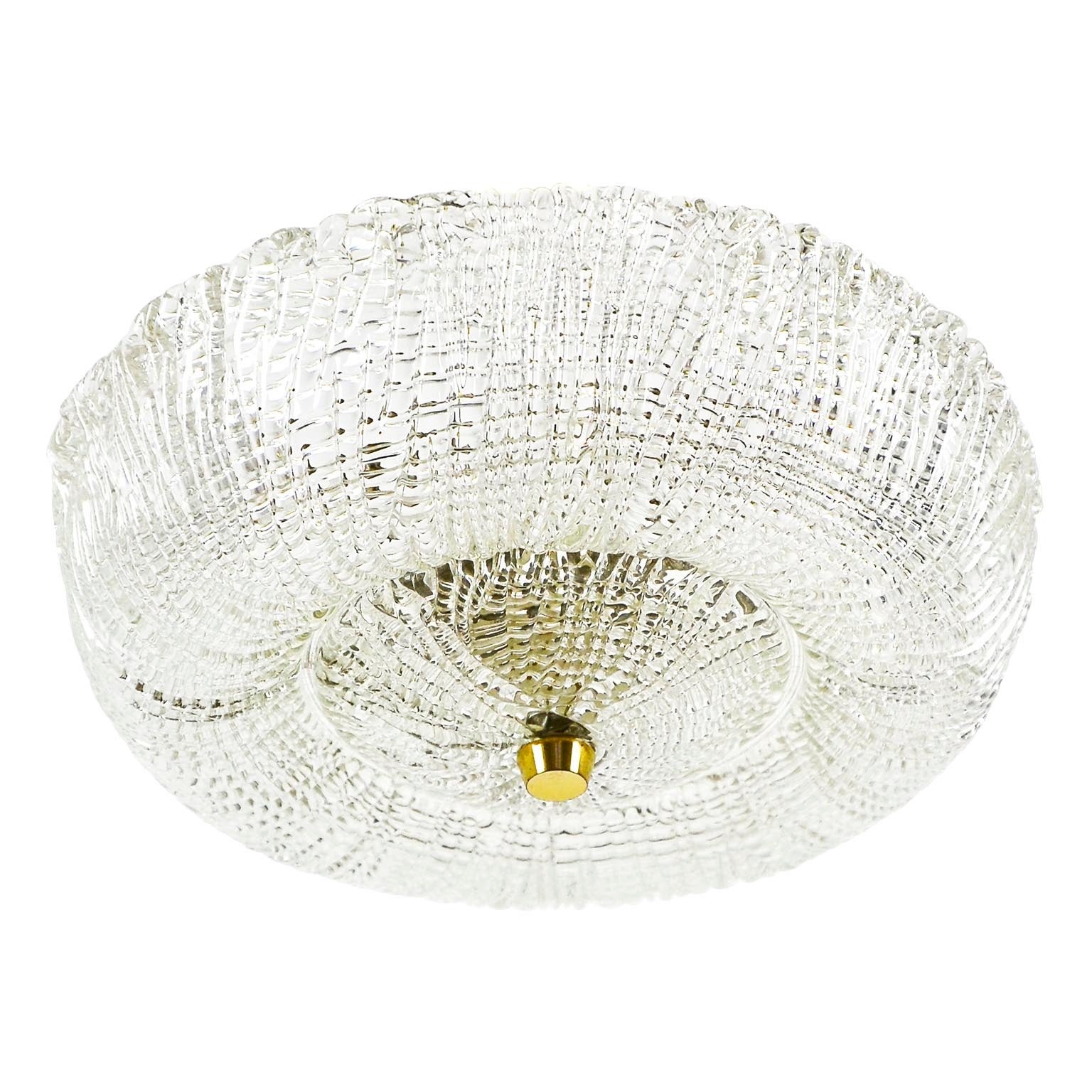 Textured Glass And Brass Ceiling Lamp Flush Mount by Kalmar, Austria, 1950s For Sale