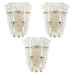 Set of Three Textured Glass And Brass Wall Sconces by J.T. Kalmar, 1950s 3