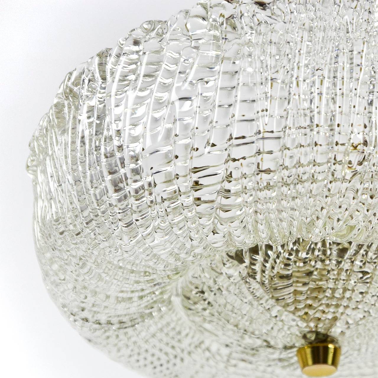 Mid-20th Century Textured Glass And Brass Ceiling Lamp Flush Mount by Kalmar, Austria, 1950s For Sale