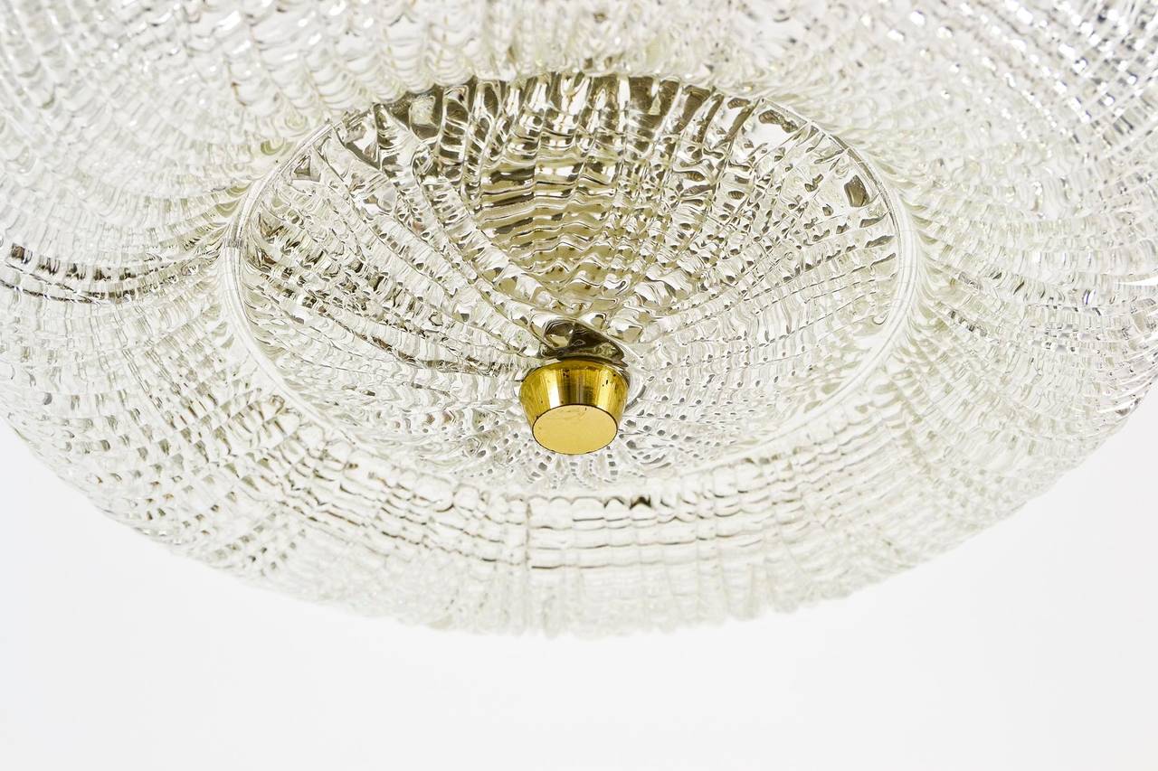Austrian Textured Glass And Brass Ceiling Lamp Flush Mount by Kalmar, Austria, 1950s For Sale