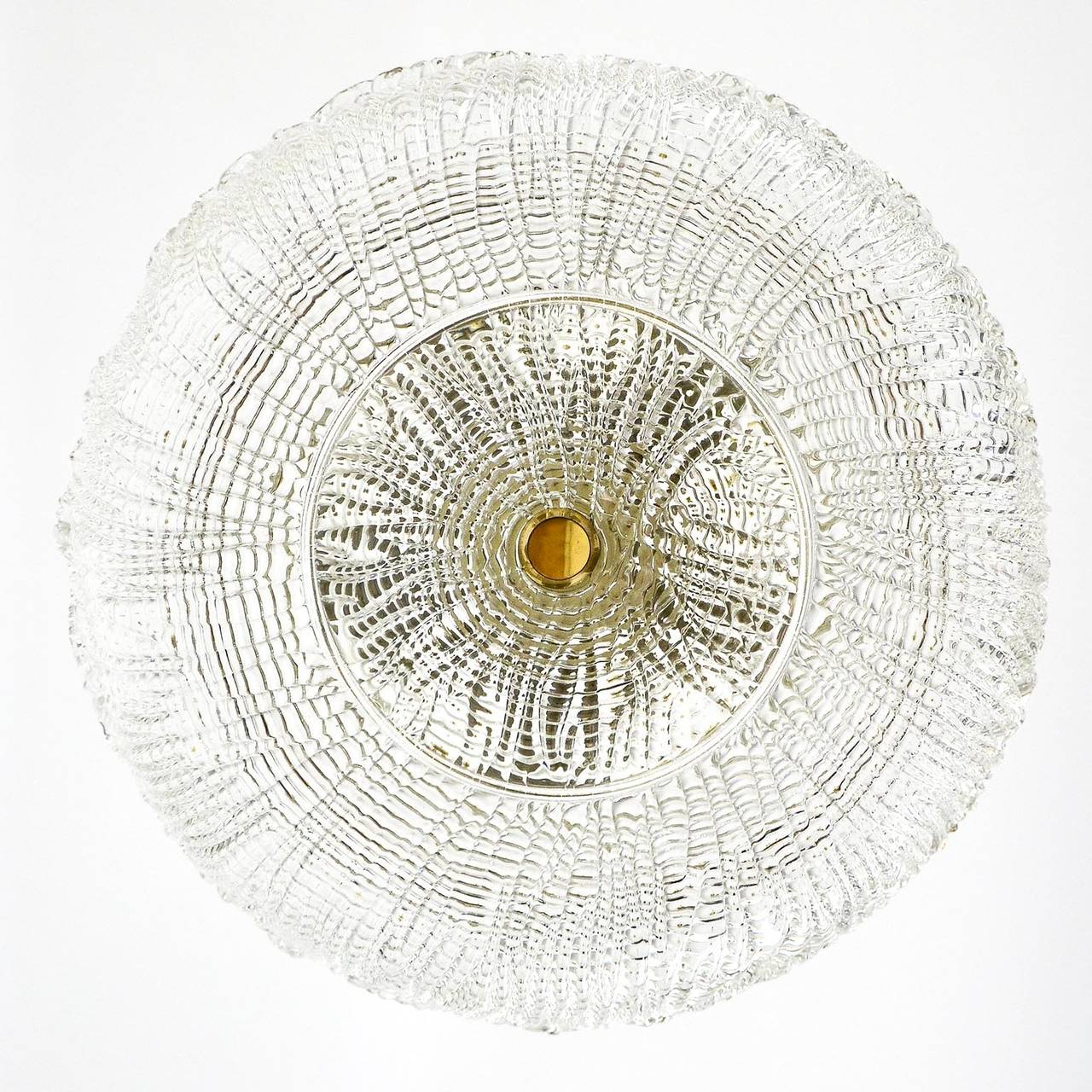Mid-Century Modern Textured Glass And Brass Ceiling Lamp Flush Mount by Kalmar, Austria, 1950s For Sale