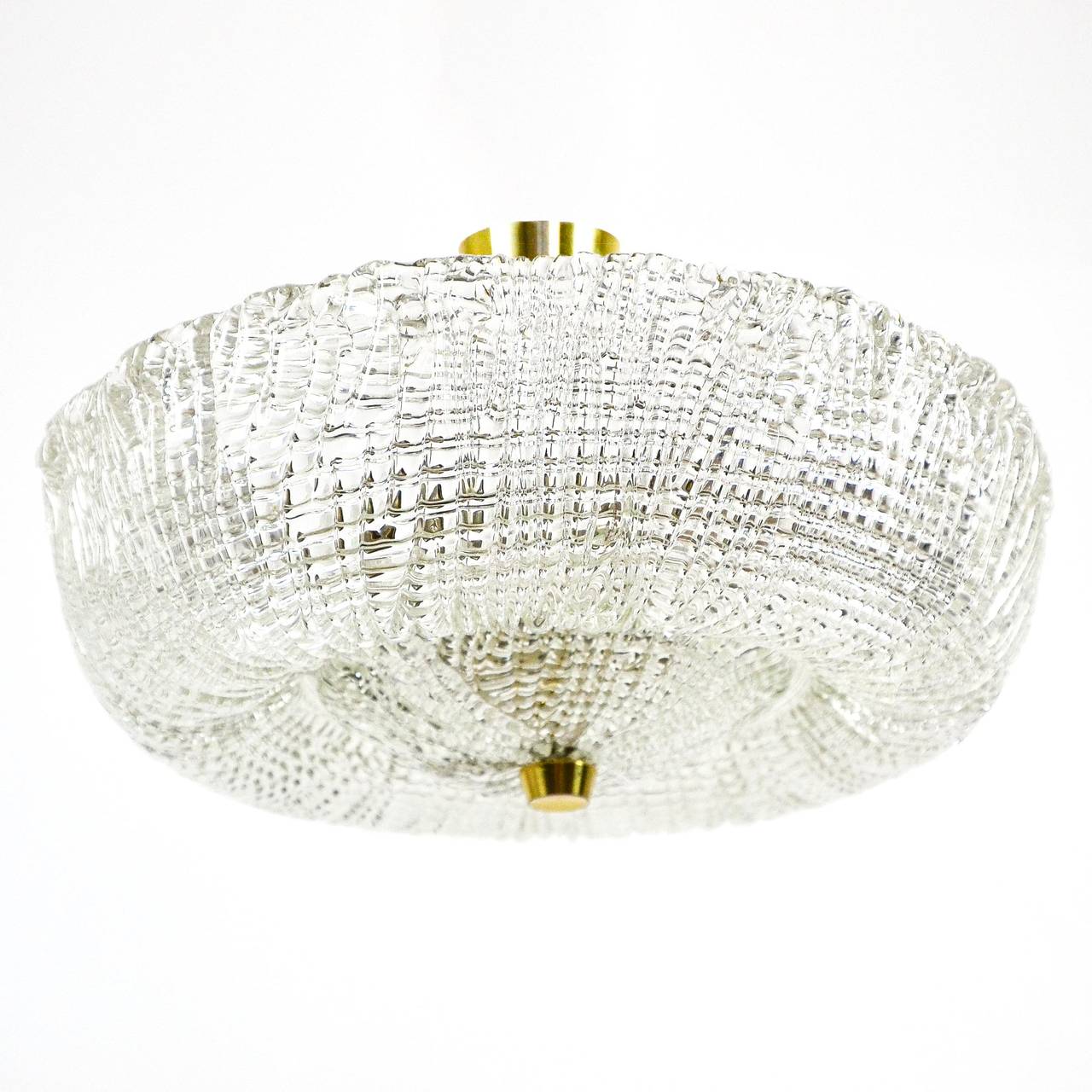 Very nice textured glass and brass ceiling light by J. T. Kalmar, Vienna, from the 1950s. 
Five sockets for E26 / E27 (standard) bulbs with 40W max. each.
 
 