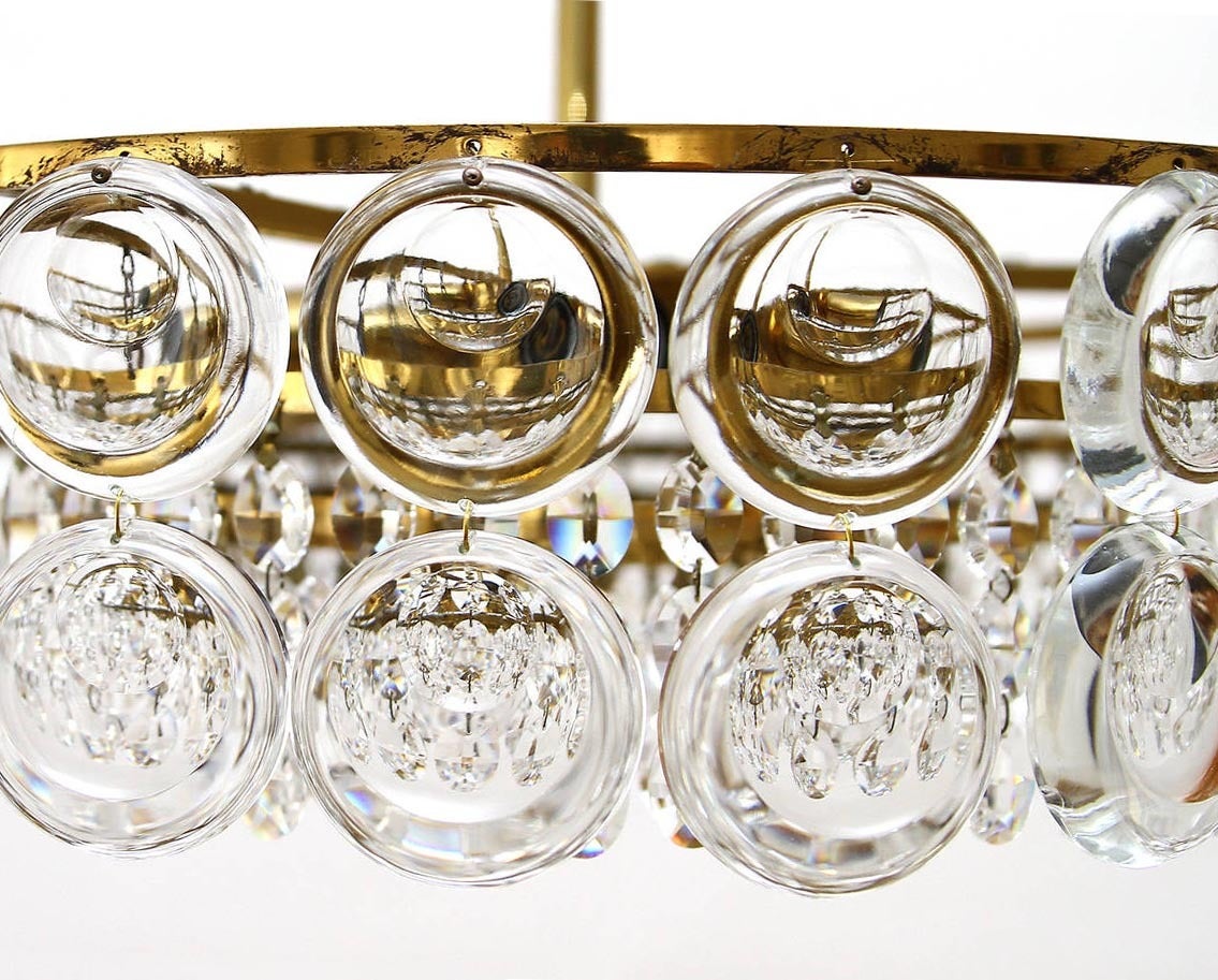 Brass and Lens Glass Sciolari Style Chandelier or Flush Mount, Italy, 1960s 1