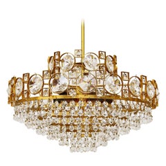 Gilt Brass Sciolari Style Crystal Glass Chandelier or Flush Mount, Italy, 1960s