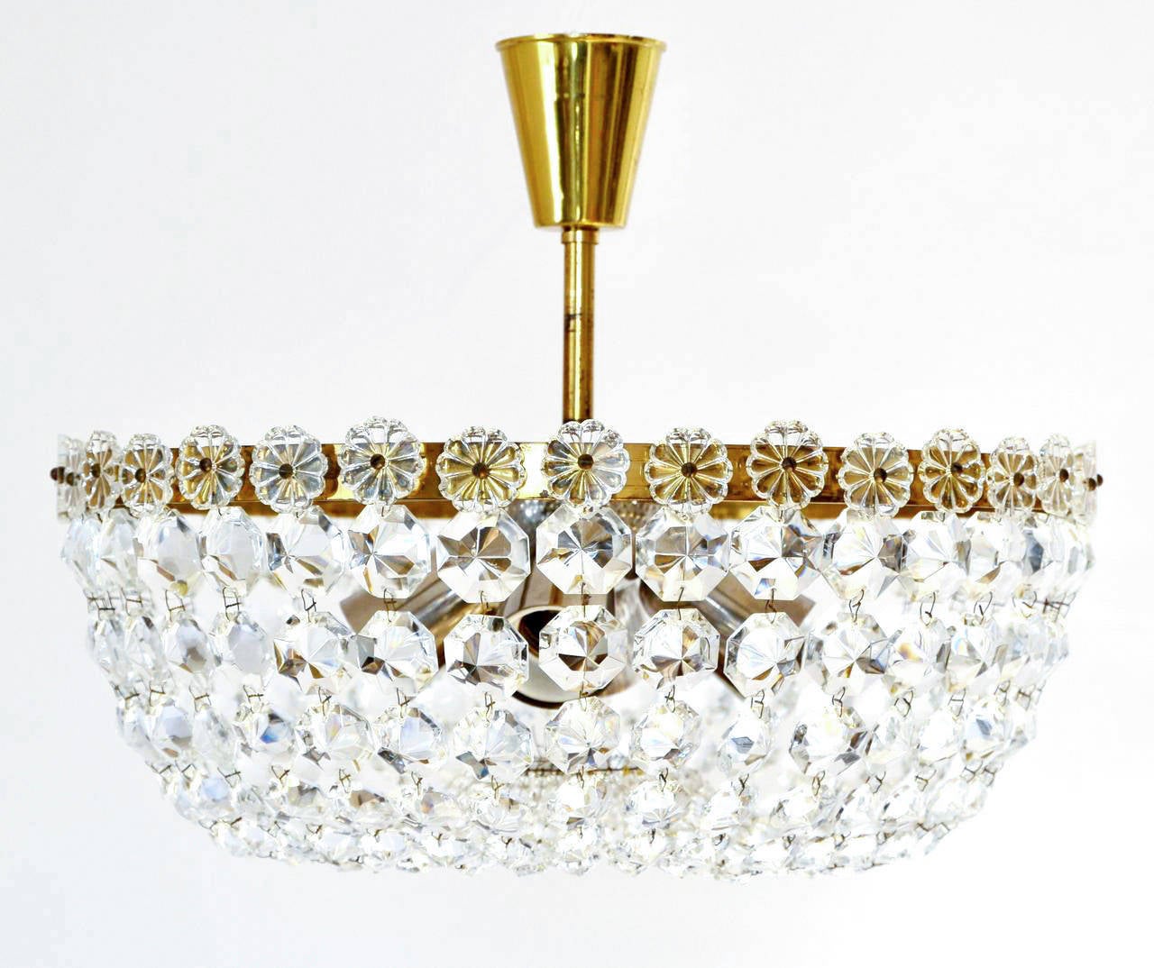 Beautiful and traditional Viennese coffee house basket chandelier or flush mount by Bakalowits & Sohne Vienna, Austria, 1950s. It is made of a nickel-plated frame and a brass ring decorated with chains of octagon crystals and glass rosettes. It can
