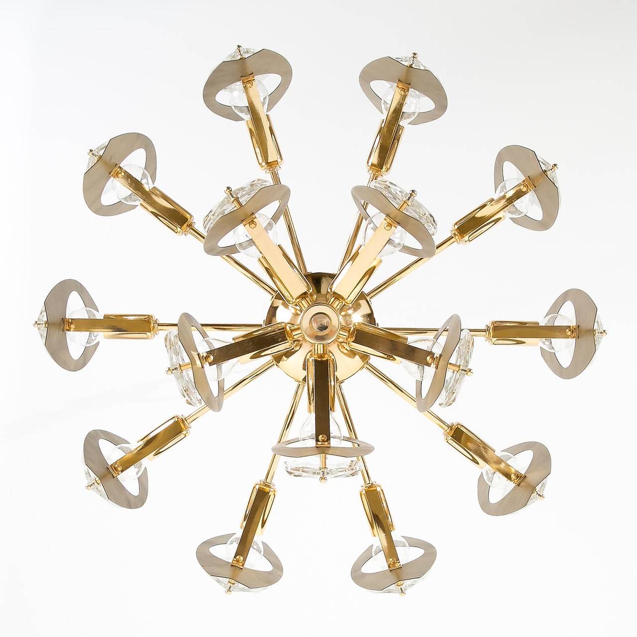 Mid-20th Century Pair of Large Italian Gaetano Sciolari Chandeliers, Lens Glass Gold Brass, 1960s