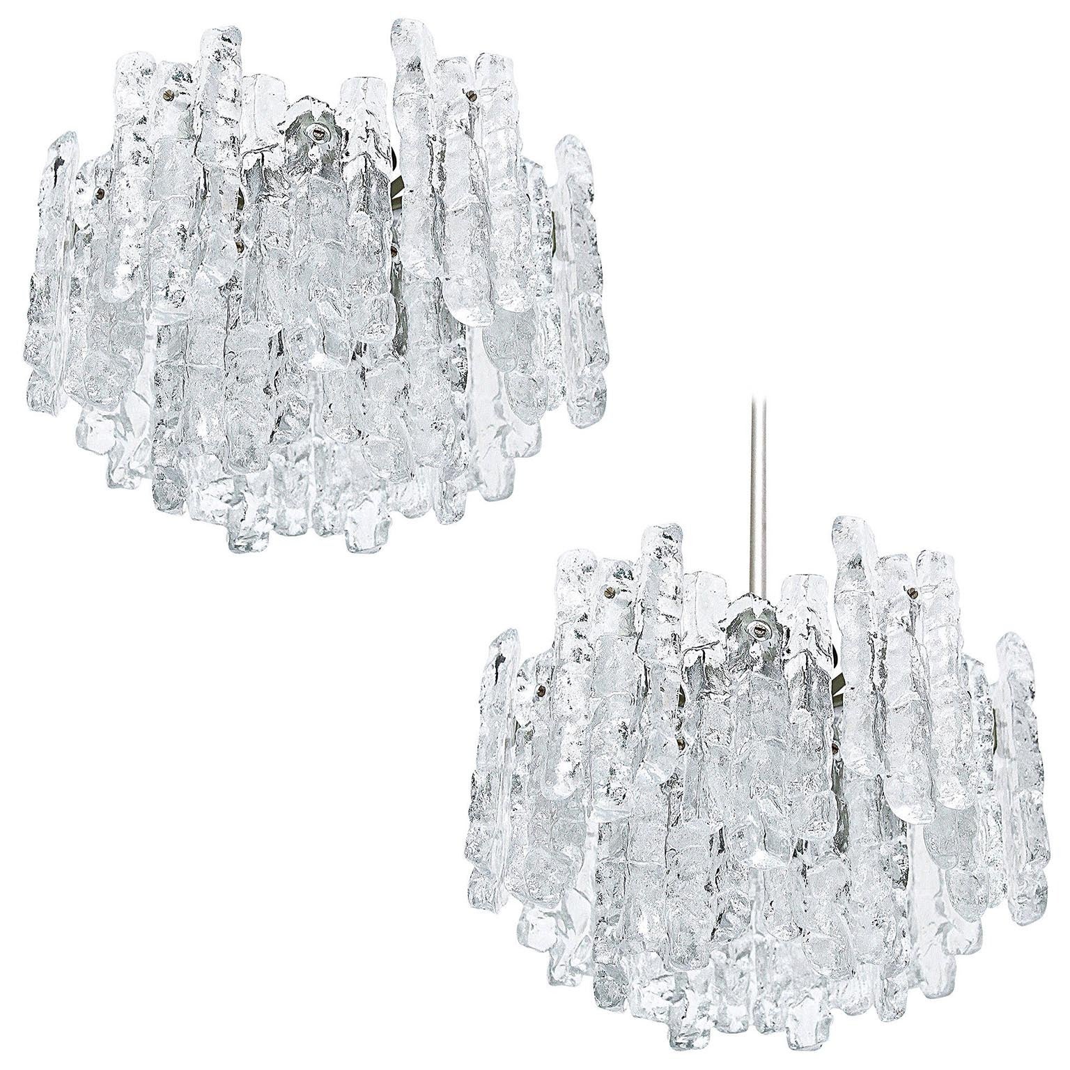 One of Two Kalmar Ice Glass Chandeliers Light Fixtures, 1960s For Sale