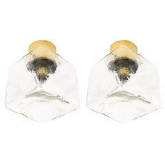 Pair of Brass Ice Glass Cube Flush Mount or Wall Lights Sconces by Kalmar, 1970s 12