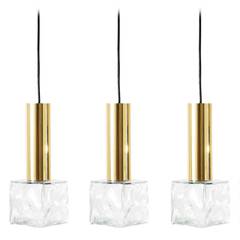Set of Three Brass and Ice Glass Hanging Lamps Pendant Lights by Kalmar, 1960s