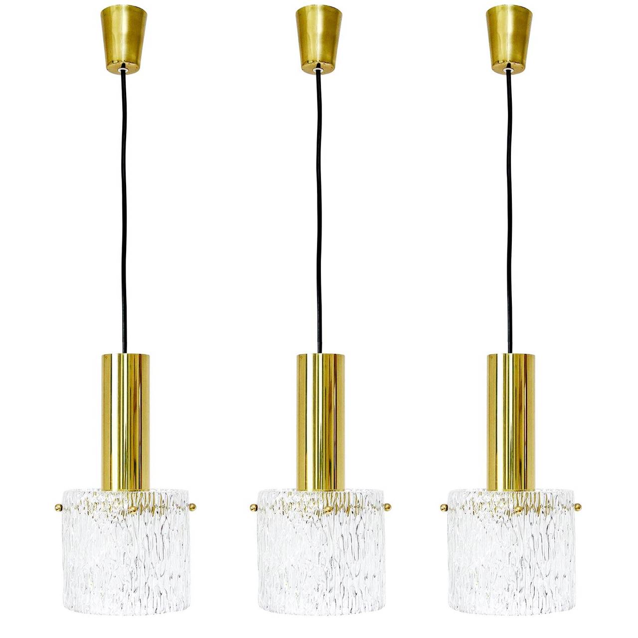 Set Of Three Glass And Brass Pendant Lights By Kalmar Austria Set Of Three Glass And Brass Pendant Lights By Kalmar Austria 1950s For At 1stdibs