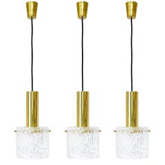 Set of Three Glass and Brass Pendant Lights by Kalmar, Austria, 1950s