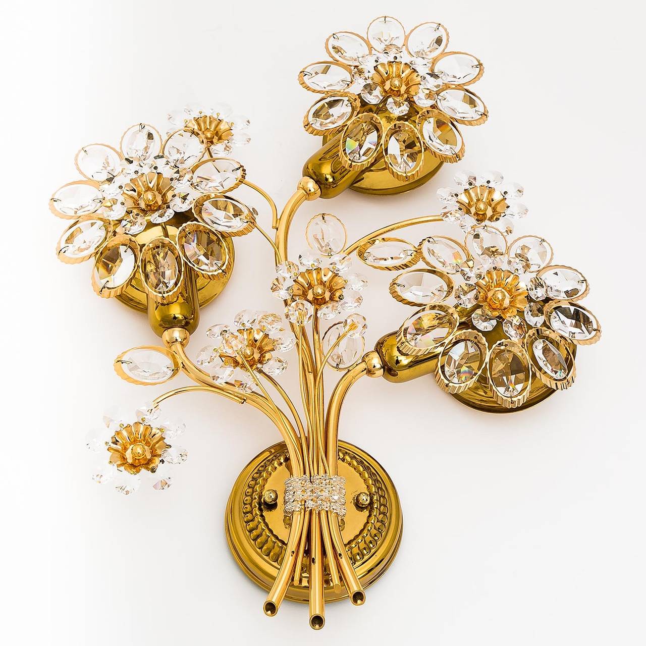 Pair of Floral Sconces Wall Lights by Palwa, Gold Plated Brass Crystal, 1960s at 1stdibs