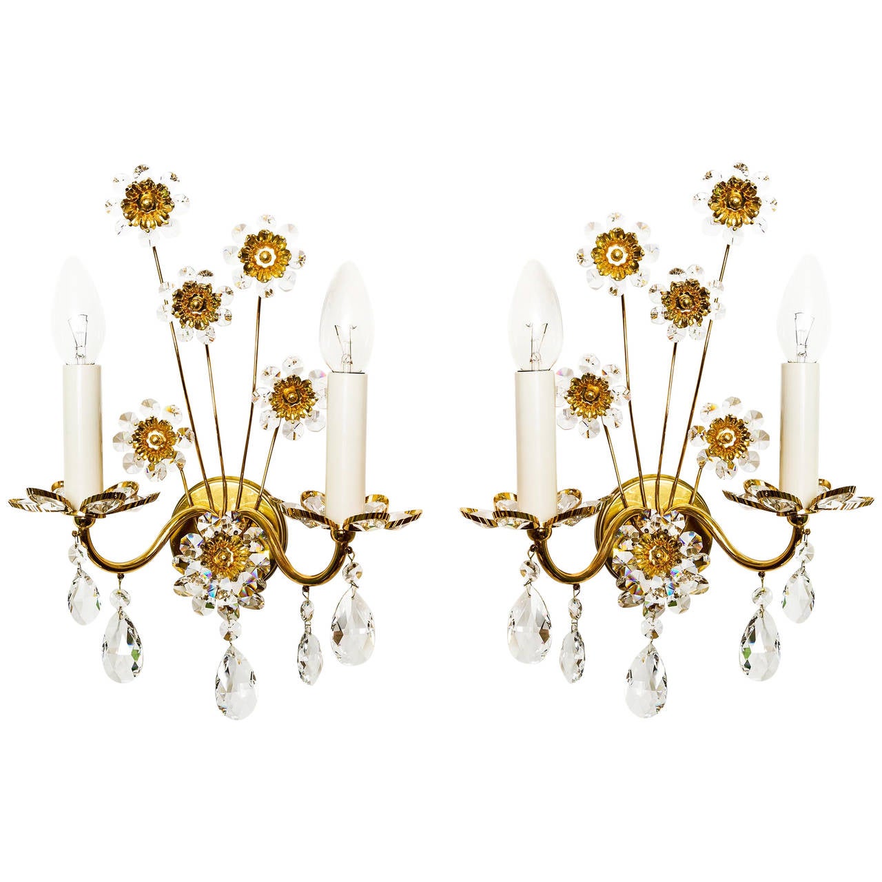 Pair of Floral Sconces Wall Lights by Palwa, Gold Plated Brass Crystal, 1960s at 1stdibs