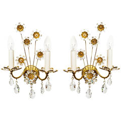 Pair of Floral Sconces Wall Lights by Palwa, Gold Plated Brass Crystal, 1960s