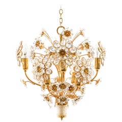Palwa Pendant Light or Chandelier, Gilt Brass and Glass Crystal, Germany, 1960s