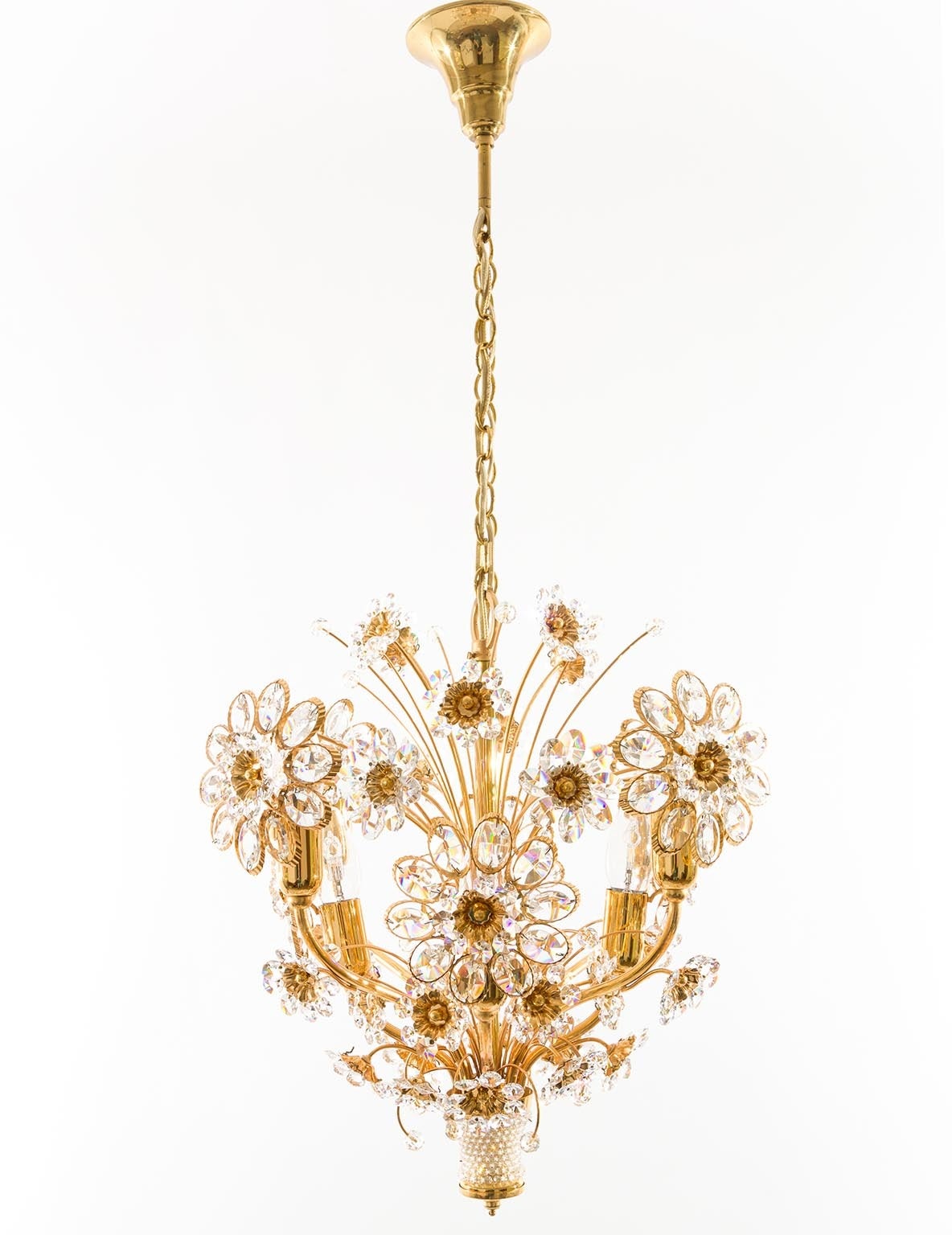Mid-20th Century Palwa Pendant Light or Chandelier, Gilt Brass and Glass Crystal, Germany, 1960s