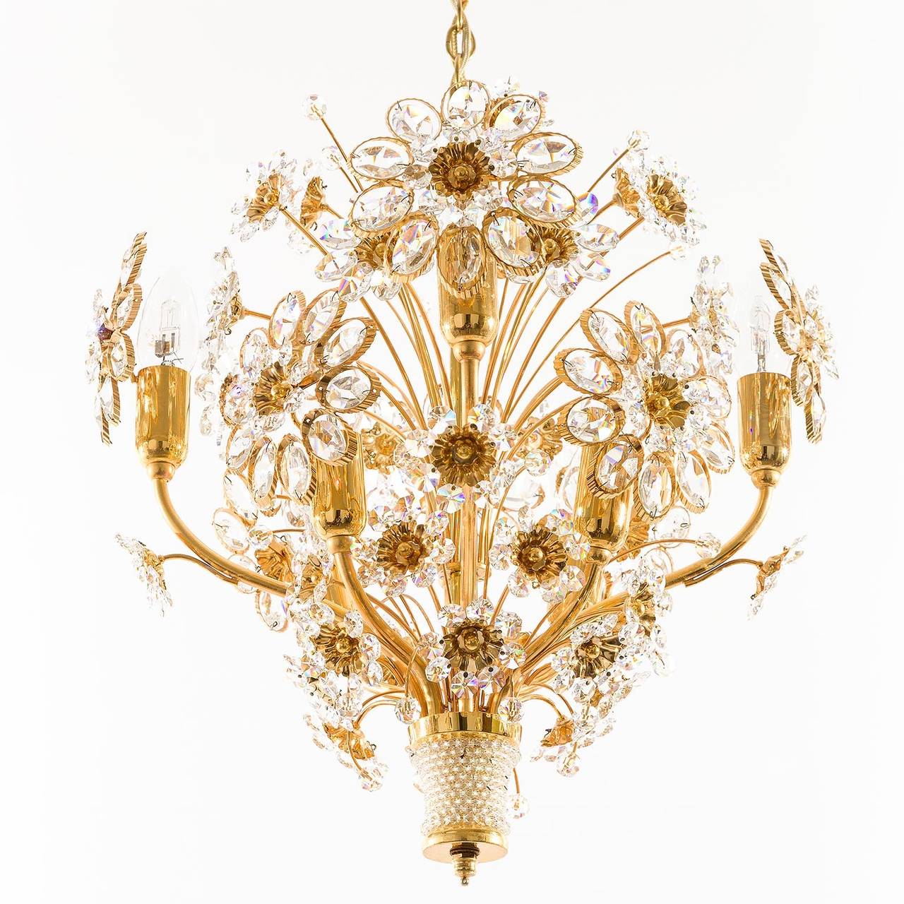 Mid-Century Modern Palwa Pendant Light or Chandelier, Gilt Brass and Glass Crystal, Germany, 1960s