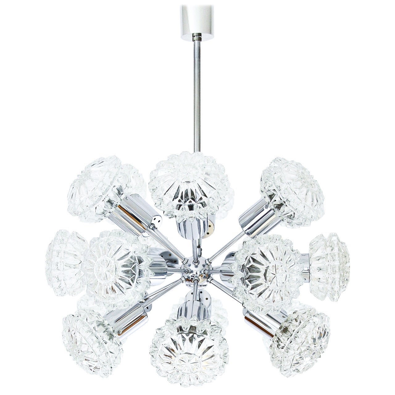 Mid-Century Modern Sputnik Chandelier, Textured Clear Glass and Chrome, 1970s