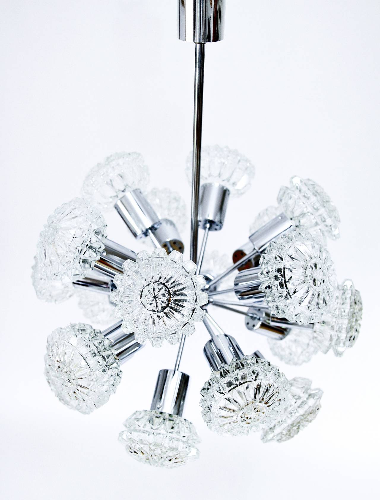 German Mid-Century Modern Sputnik Chandelier, Textured Clear Glass and Chrome, 1970s For Sale