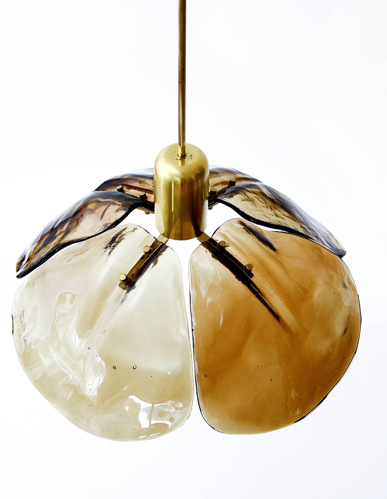 Mid-Century Modern Large Kalmar Chandelier Pendant Light, Amber Glass and Brass, 1970s