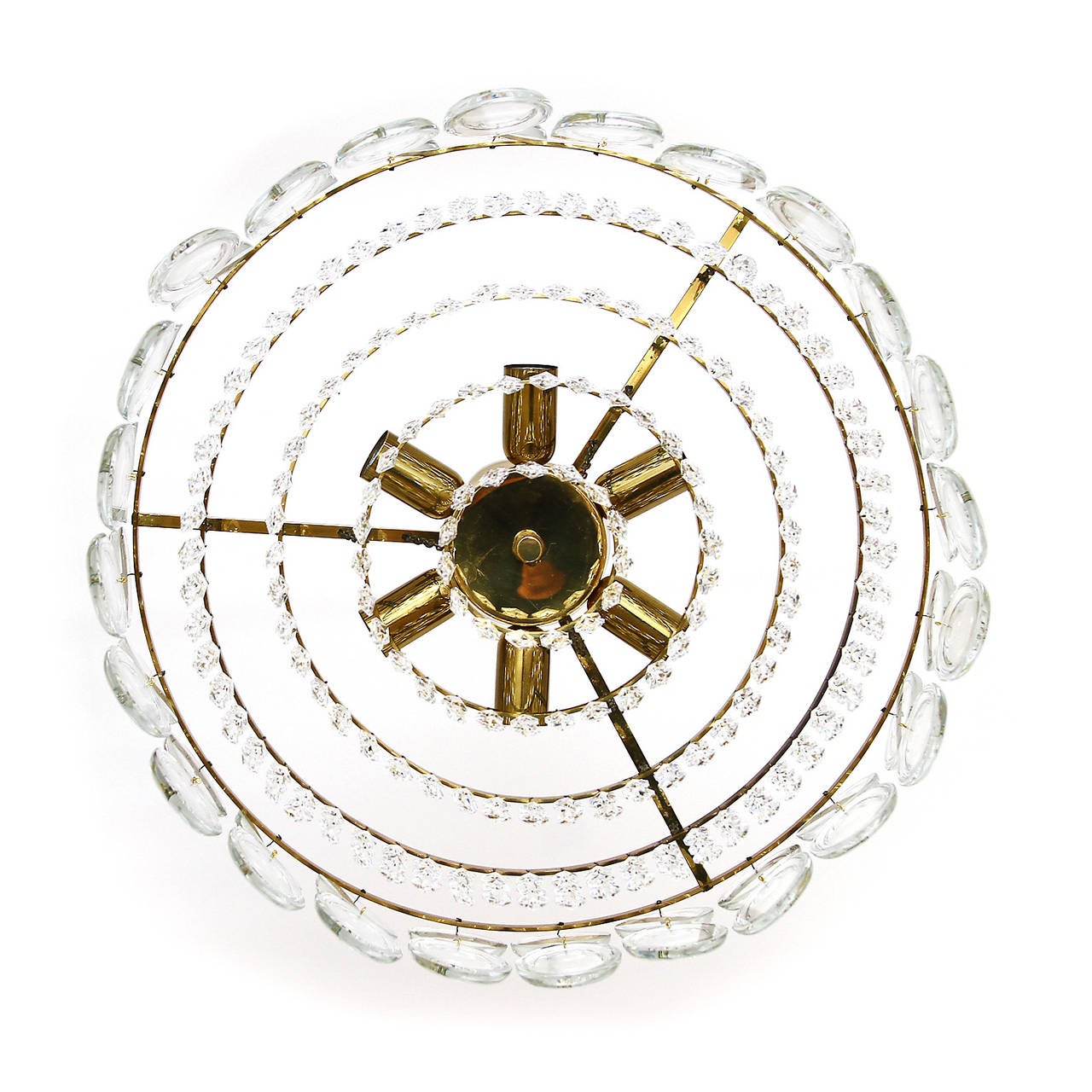 Mid-20th Century Brass and Lens Glass Sciolari Style Chandelier or Flush Mount, Italy, 1960s