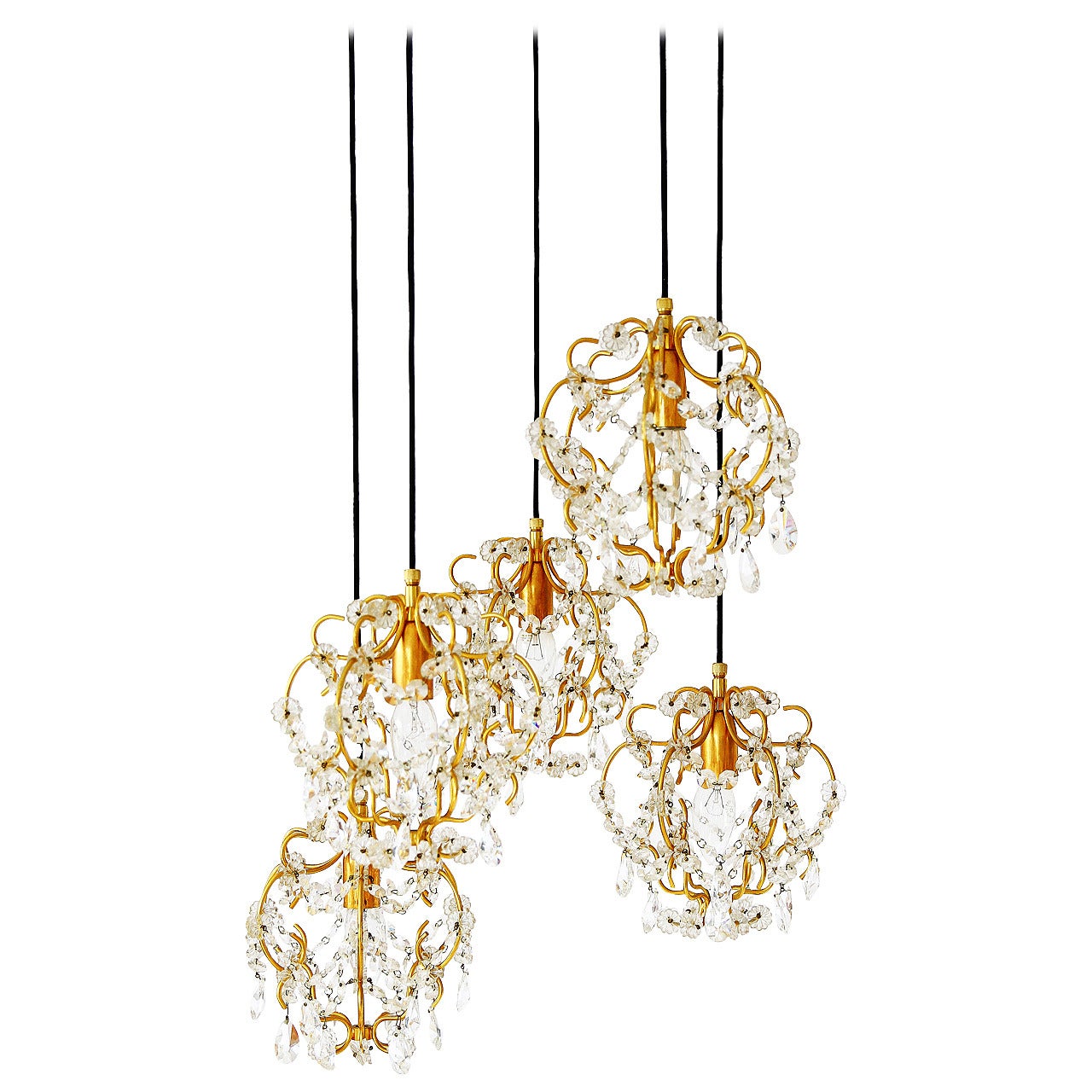 Mid-Century Modern Gilt Pendant Light with Cut Glass, Italy, 1970 For Sale