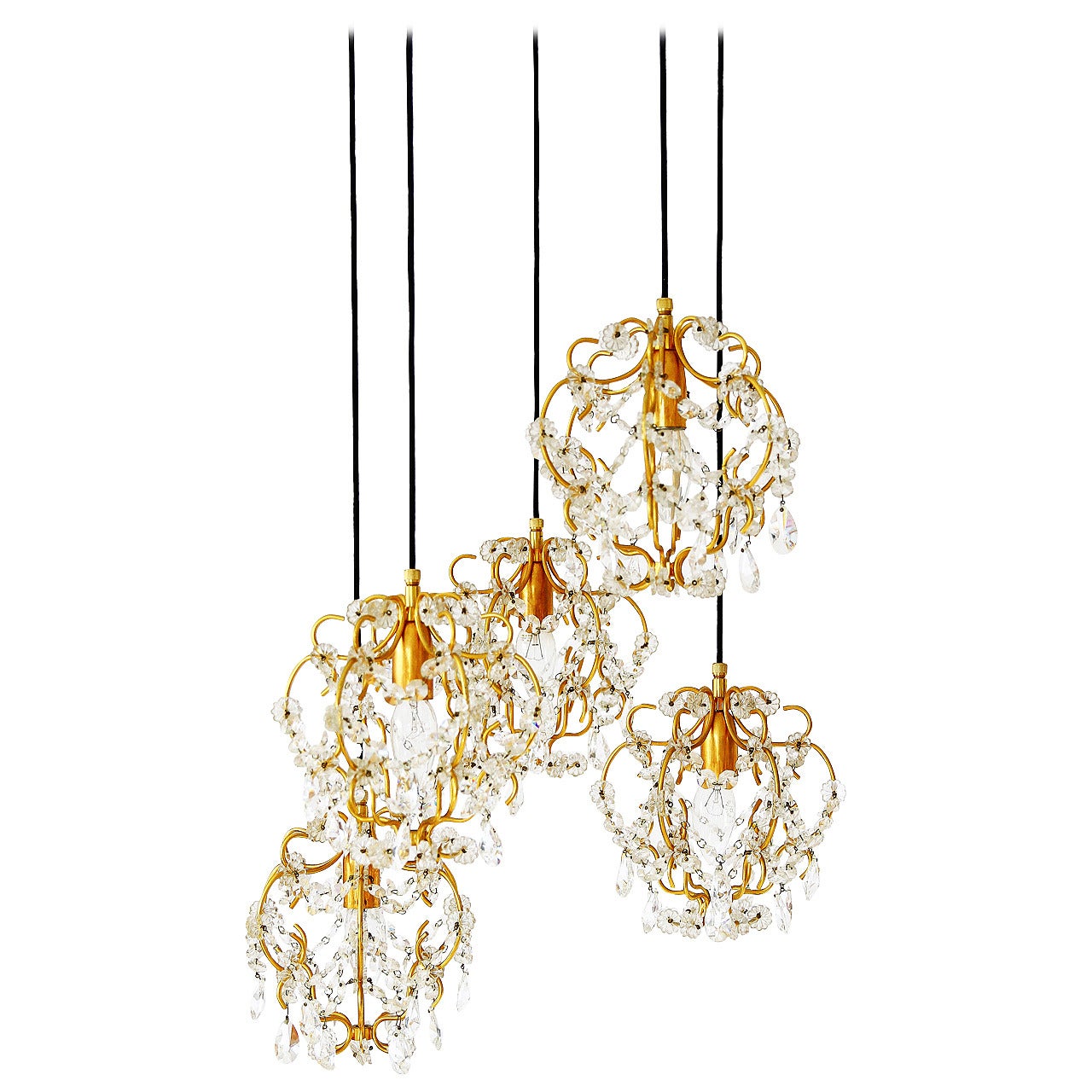 Mid-Century Modern Gilt Pendant Light with Cut Glass, Italy, 1970