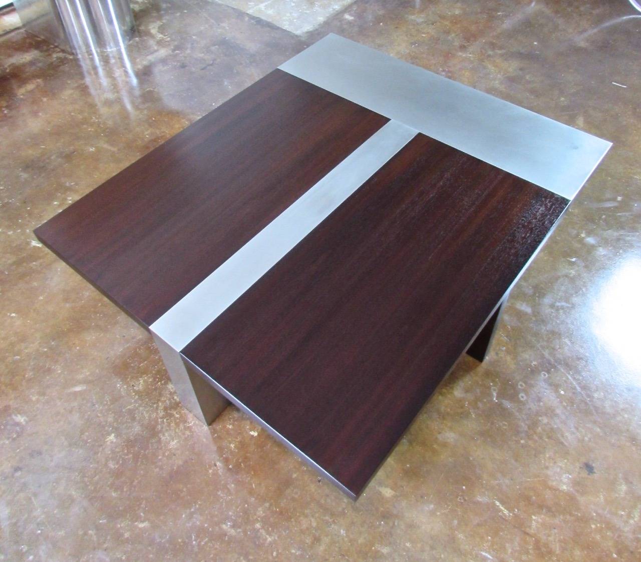Brushed steel and mahogany Planked coffee table by David Gulassa for Gulassa & Company.  Two available.