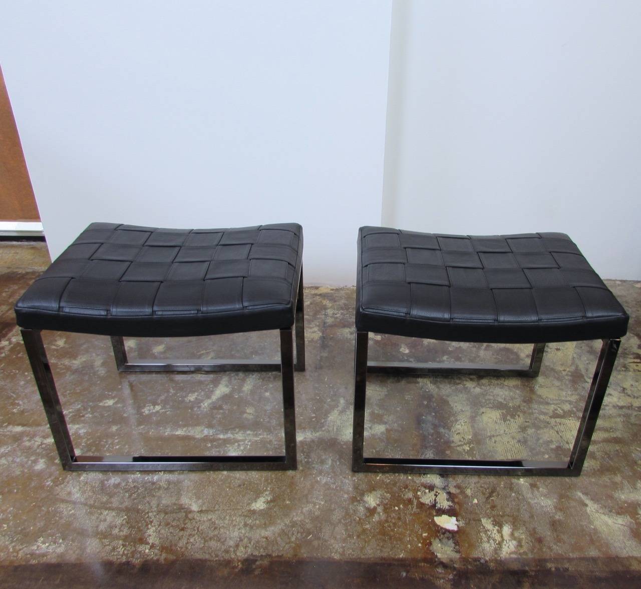 Pair of black leather and bright black-nickel tubular metal Monge stools by Gordon Guillaumier for Minotti.