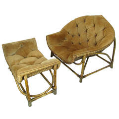 Midcentury Bamboo and Rattan Lounge Chair and Ottoman