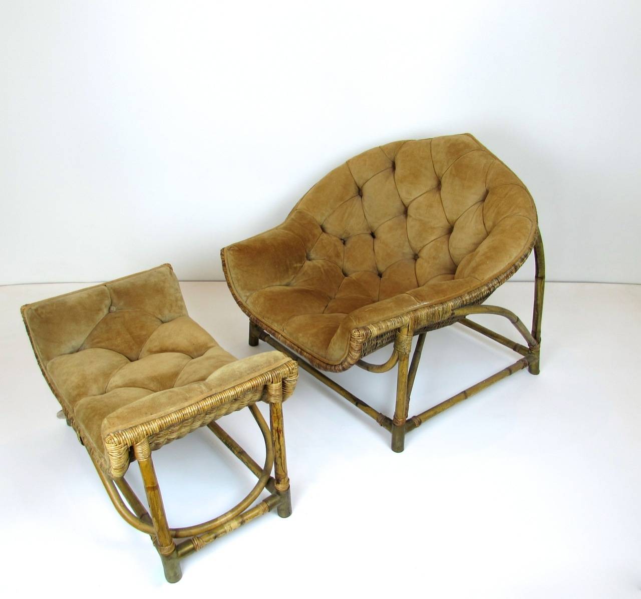 Midcentury Bamboo and Rattan Lounge Chair and Ottoman