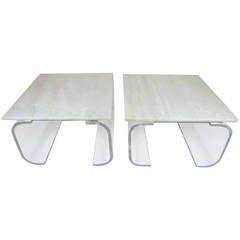 Pair of Acrylic and Travertine Tables