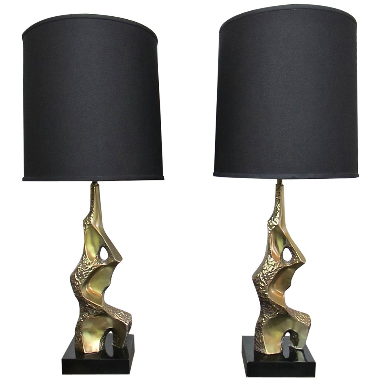 Pair of Brass Brutalist Table Lamps by Maurizio Tempestini for Laurel