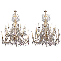 Pair of Monumental Genovese Twenty-Four-Light Giltwood and Crystal Chandeliers