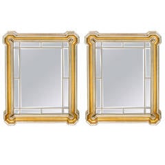Pair of Mid-Century Modern Gilt Mirrors with Inset Beveled Mirror Panels