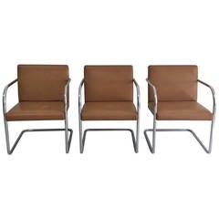 Set of 3 Thonet chrome cantilever chairs in brown leather