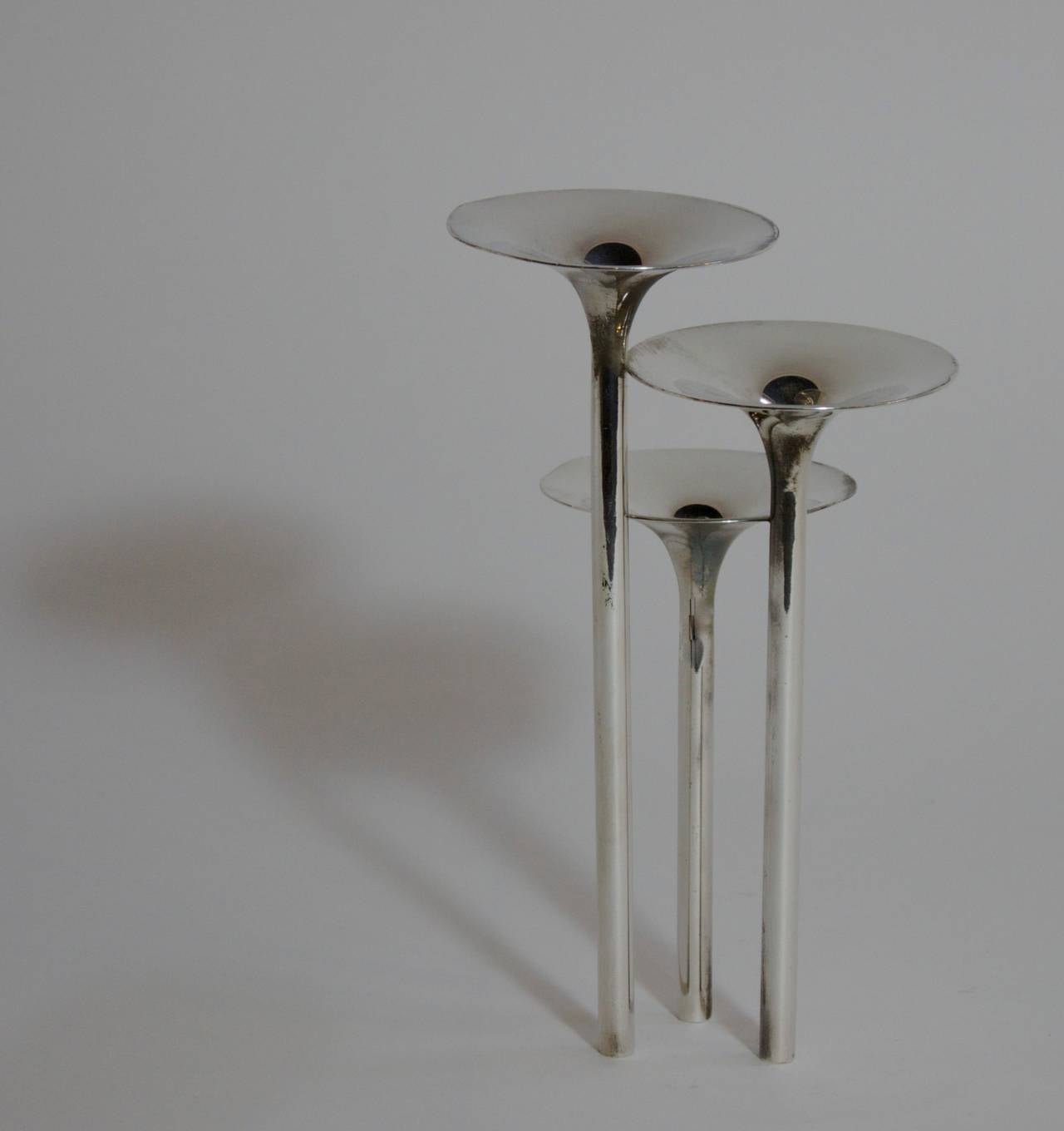 3 Prong silverplate trumpet candleholder centerpiece by Christofle.
