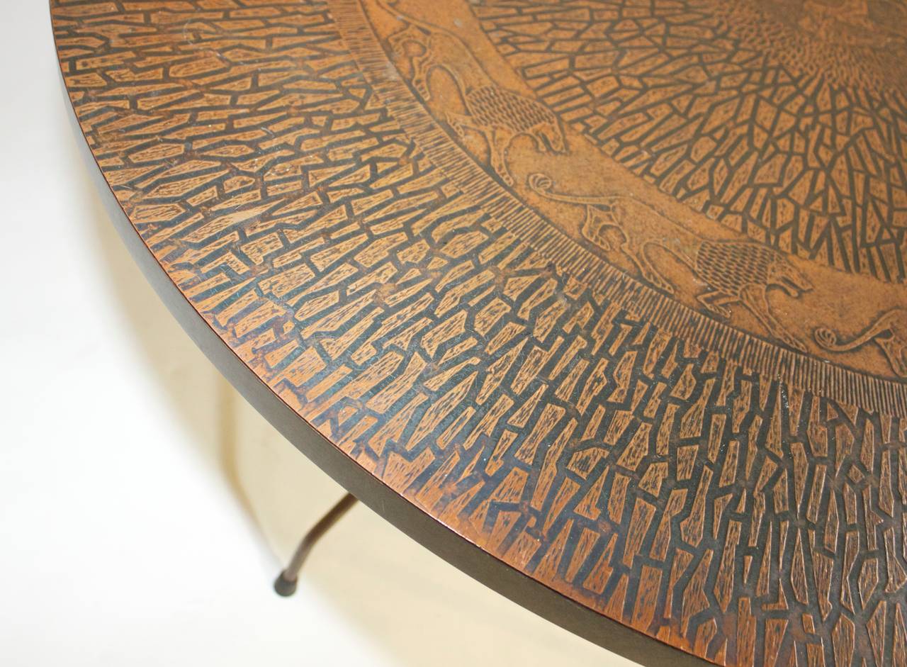 American Embossed Copper Laminate Round Table in the manner of Phillip Laverne