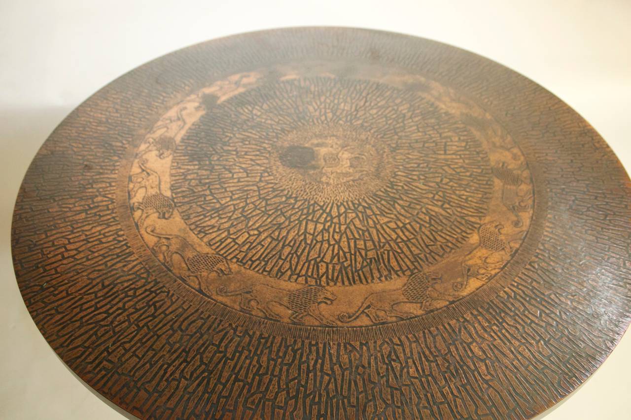 Embossed Copper Laminate Round Table in the manner of Phillip Laverne In Good Condition In Denver, CO
