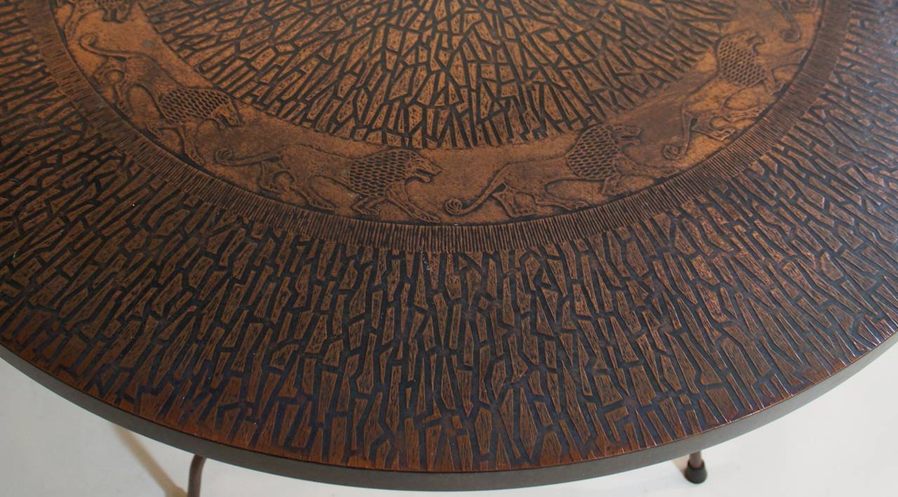 20th Century Embossed Copper Laminate Round Table in the manner of Phillip Laverne