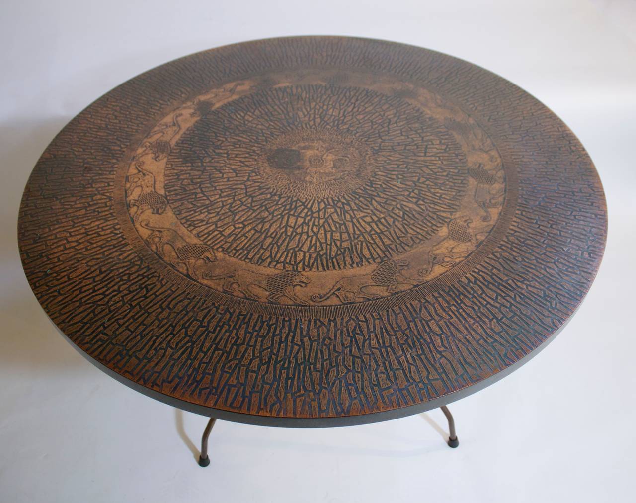 Embossed Copper Laminate Round Table in the manner of Phillip Laverne 1