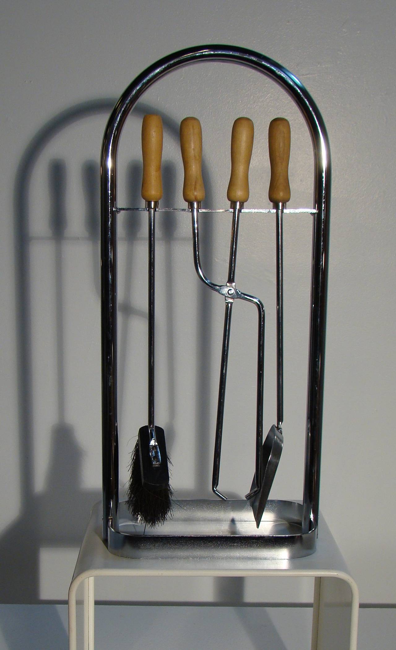 American Modernist Chrome and Wood Fireplace Tools For Sale