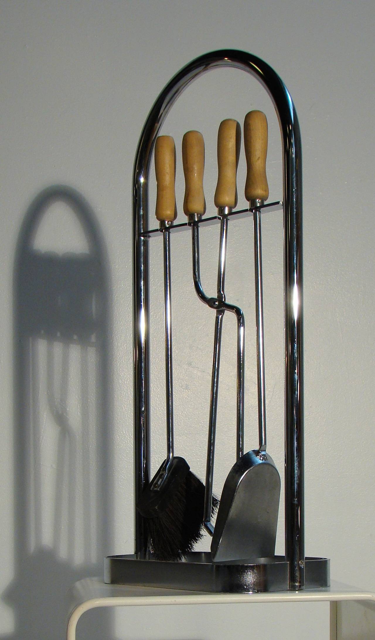 Modernist Chrome and Wood Fireplace Tools In Excellent Condition For Sale In Denver, CO