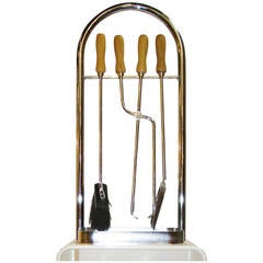 Modernist Chrome and Wood Fireplace Tools