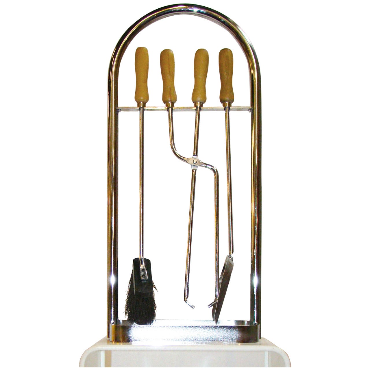 Modernist Chrome and Wood Fireplace Tools For Sale