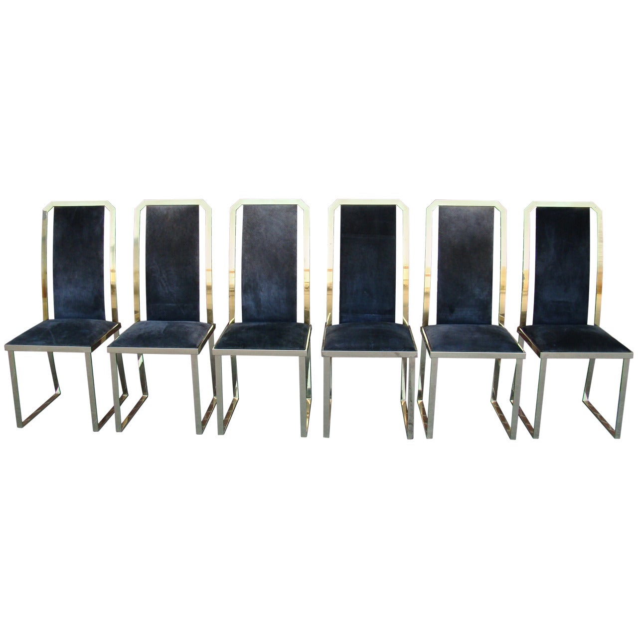 Set of Six Brass and Split Cowhide High Back Chairs by Roche Bobois